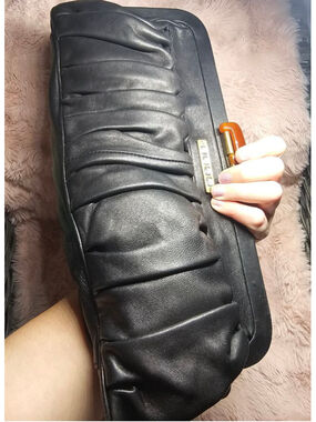 Betsey Johnson Black Genuine Leather Ruched Kiss Lock Clutch Handbag